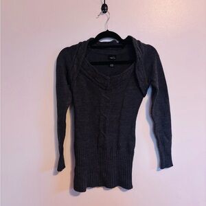 Rue21 grey cable knit sweater with wide boat neck detail size small, mild wear